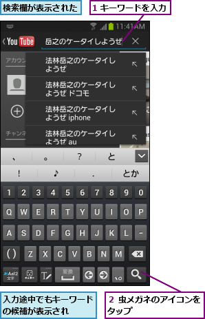 1 キーワードを入力,入力途中でもキーワードの候補が表示され  ,検索欄が表示された,２ 虫メガネのアイコンをタップ        