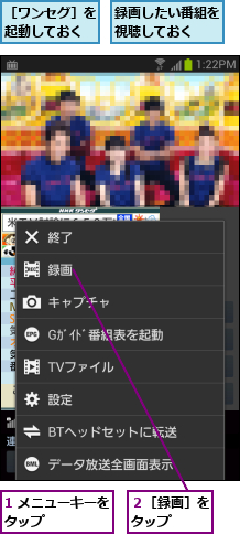 1 メニューキーをタップ      ,録画したい番組を視聴しておく  ,２［録画］をタップ  ,［ワンセグ］を起動しておく