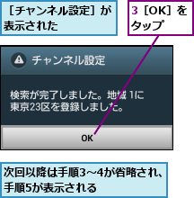 3［OK］をタップ,次回以降は手順3〜4が省略され、手順5が表示される    ,［チャンネル設定］が表示された    