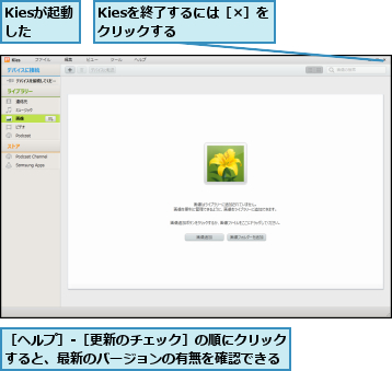 Kiesが起動した,Kiesを終了するには［×］をクリックする    ,［ヘルプ］-［更新のチェック］の順にクリックすると、最新のバージョンの有無を確認できる