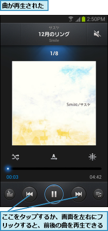 ここをタップするか、画面を左右にフリックすると、前後の曲を再生できる,曲が再生された