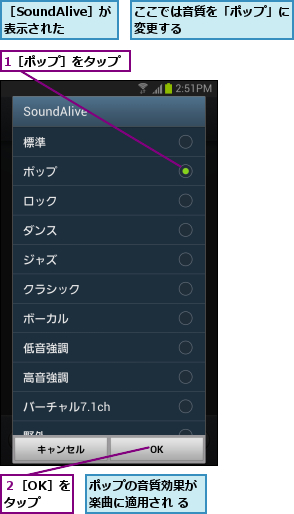 1［ポップ］をタップ,ここでは音質を「ポップ」に変更する        ,ポップの音質効果が楽曲に適用され る,２［OK］をタップ,［SoundAlive］が表示された