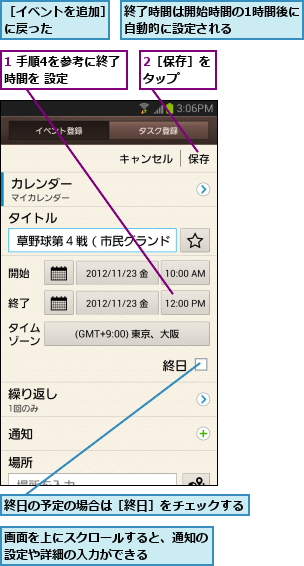 1 手順4を参考に終了時間を 設定  ,2［保存］をタップ  ,画面を上にスクロールすると、通知の設定や詳細の入力ができる    ,終了時間は開始時間の1時間後に自動的に設定される      ,終日の予定の場合は［終日］をチェックする        ,［イベントを追加］に戻った    