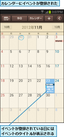 イベントが登録されている日にはイベントのタイトルが表示される,カレンダーにイベントが登録された      