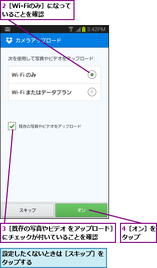 2［Wi-Fiのみ］になっていることを確認  ,3［既存の写真やビデオ をアップロード］にチェックが付いていることを確認    ,4［オン］をタップ  ,設定したくないときは［スキップ］をタップする            