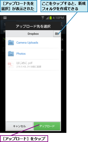 ここをタップすると、新規フォルダを作成できる  ,［アップロード先を選択］が表示された,［アップロード］をタップ