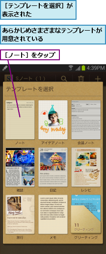 あらかじめさまざまなテンプレートが用意されている          ,［テンプレートを選択］が表示された      ,［ノート］をタップ