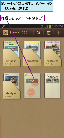 Sノートが閉じられ、Sノートの一覧が表示された    ,作成したSノートをタップ