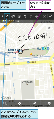 Sペンで文字を書く    ,ここをタップすると、ペン設定を切り替えられる  ,画面がキャプチャされた    