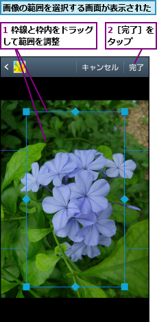 1 枠線と枠内をドラッグして範囲を調整    ,2［完了］をタップ  ,画像の範囲を選択する画面が表示された
