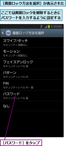 ここでは画面ロックを解除するときにパスワードを入力するように設定する,［パスワード］をタップ,［画面ロック方法を選択］が表示された        