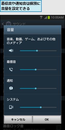 着信音や通知音は個別に音量を設定できる  