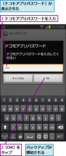 1 ドコモアプリパスワードを入力,2［OK］をタップ,バックアップが開始される  ,［ドコモアプリパスワード］が表示された         