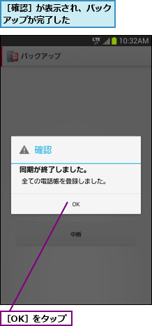 ［OK］をタップ,［確認］が表示され、バックアップが完了した    