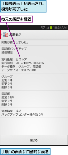 復元の履歴を確認,手順1の画面に自動的に戻る,［履歴表示］が表示され、復元が完了した     