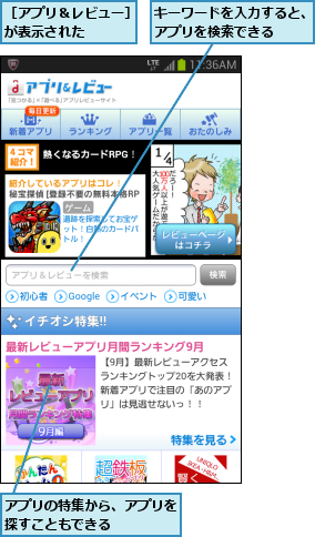 アプリの特集から、アプリを探すこともできる    ,キーワードを入力すると、アプリを検索できる  ,［アプリ＆レビュー］が表示された   