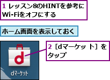 1 レッスン8のHINTを参考にWi-Fiをオフにする,2［dマーケッ ト］をタップ     ,ホーム画面を表示しておく
