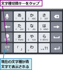 文字種切替キーをタップ,現在の文字種が青文字で表示される