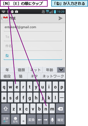 「ね」が入力される,［N］［E］の順にタップ