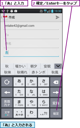 1「あ」と入力,2 確定／Enterキーをタップ,「あ」と入力される