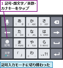 1 記号･顔文字／英数･カナキーをタップ    ,記号入力モードに切り替わった
