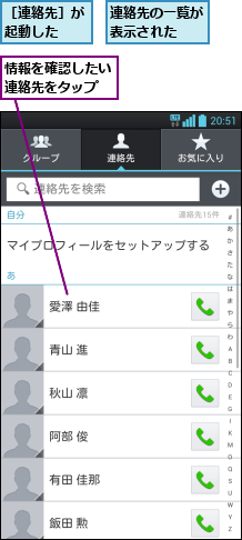 情報を確認したい連絡先をタップ,連絡先の一覧が表示された  ,［連絡先］が起動した  