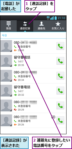 1［通話記録］をタップ    ,2 連絡先に登録したい電話番号をタップ  ,［通話記録］が表示された  ,［電話］が起動した
