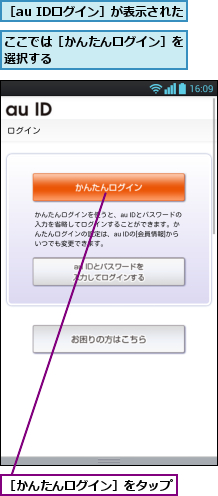 ここでは［かんたんログイン］を選択する           ,［au IDログイン］が表示された,［かんたんログイン］をタップ