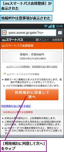 情報料や注意事項が表示された,［auスマートパス会員登録］が表示された        ,［利用規約に同意して次へ］をタップ         