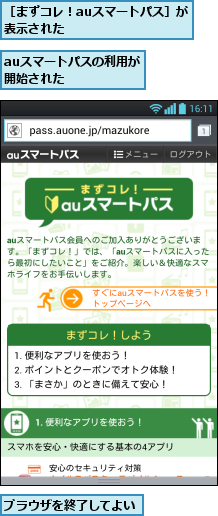 auスマートパスの利用が開始された    ,ブラウザを終了してよい,［まずコレ！auスマートパス］が表示された            