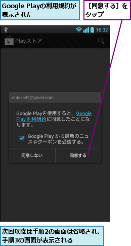 Google Playの利用規約が表示された  ,次回以降は手順2の画面は省略され、手順3の画面が表示される    ,［同意する］をタップ    
