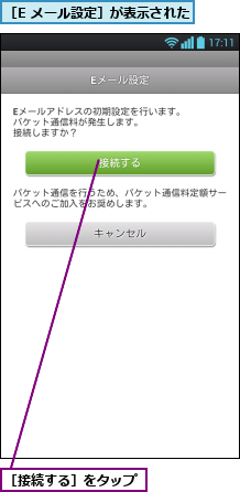 ［E メール設定］が表示された,［接続する］をタップ