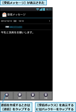 返信を作成するときは［返信］をタップする,［受信ボックス］を表示するにはバックキーをタップする,［受信メッセージ］が表示された