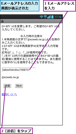 1 Eメールアドレスを入力    ,2［送信］をタップ,Eメールアドレスの入力画面が表示された  