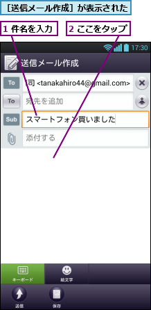 1 件名を入力,2 ここをタップ,［送信メール作成］が表示された