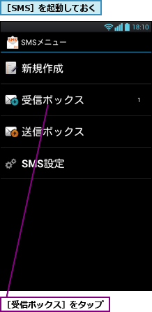 ［SMS］を起動しておく,［受信ボックス］をタップ