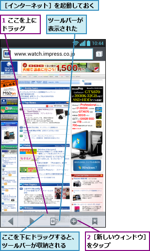 1 ここを上にドラッグ  ,2［新しいウィンドウ］をタップ       ,ここを下にドラッグすると、ツールバーが収納される  ,ツールバーが表示された,［インターネット］を起動しておく