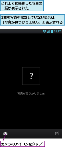 1枚も写真を撮影していない場合は  ［写真が見つかりません］と表示される,これまでに撮影した写真の一覧が表示された   ,カメラのアイコンをタップ