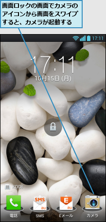 画面ロックの画面でカメラのアイコンから画面をスワイプすると、カメラが起動する
