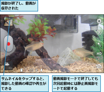サムネイルをタップすると、撮影した動画の確認や再生ができる,動画撮影モードで終了しても次回起動時には静止画撮影モードで起動する,撮影が終了し、動画が保存された    
