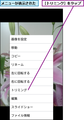 メニューが表示された,［トリミング］をタップ