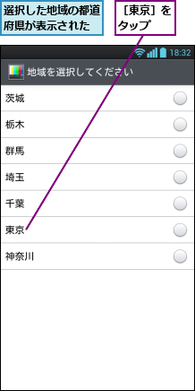 選択した地域の都道府県が表示された,［東京］をタップ  