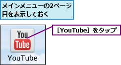 メインメニューの2ページ目を表示しておく    ,［YouTube］をタップ