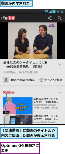 Optimus Gを横向きに変更    ,動画が再生された,［関連動画］に動画のタイトルや内容に関連した動画が表示される