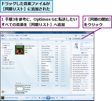 1 手順3を参考に、Optimus Gに転送したいすべての音楽を［同期リスト］へ追加,2［同期の開始］をクリック  ,ドラッグした音楽ファイルが［同期リスト］に追加された