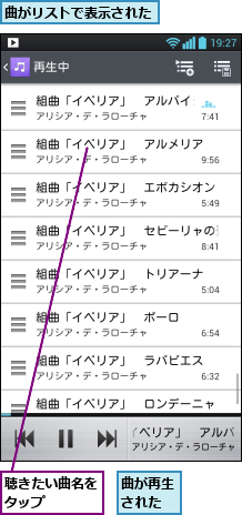 曲がリストで表示された,曲が再生された,聴きたい曲名をタップ   
