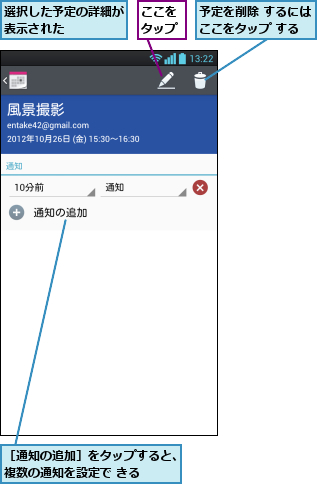 ここをタップ,予定を削除 するにはここをタップ する,選択した予定の詳細が表示された    ,［通知の追加］をタップすると、複数の通知を設定で きる  