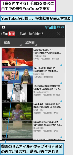 YouTubeが起動し、検索結果が表示された    ,動画のサムネイルをタップすると音楽の再生が止まり、動画が再生される,［曲を再生する］手順3を参考に　再生中の曲をYouTubeで検索