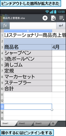 ピンチアウトした箇所が拡大された,縮小するにはピンチインをする