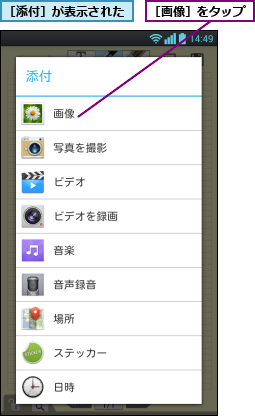 ［添付］が表示された,［画像］をタップ